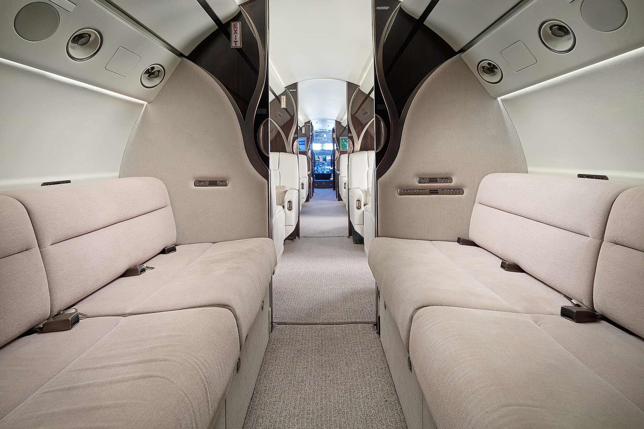 Interior cabin view of Gulfstream G550 N550 rear couch seating