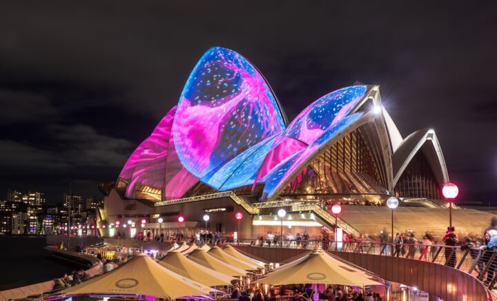 SYDNEY, AUSTRALIA -June 06, 2017. The Sydney Opera House sails illuminated lights up during Vivid 2017 annual public event : A colorful design projected Festival of Light, Music & Ideas.