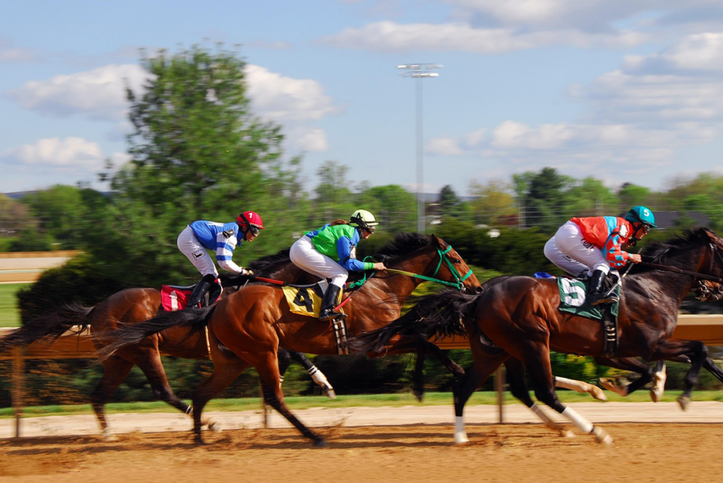 Horse racing on dirt path in Dubai World Cup